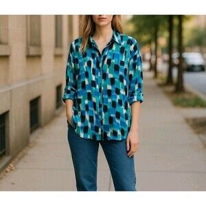 Chaus Womens tops Size 1X Blue Color Sheer Top Lightweight Roll Tab sleeves